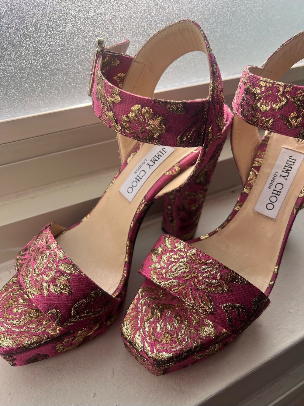 Jimmy Choo Fuchsia and Gold Brocade Platform Sandals